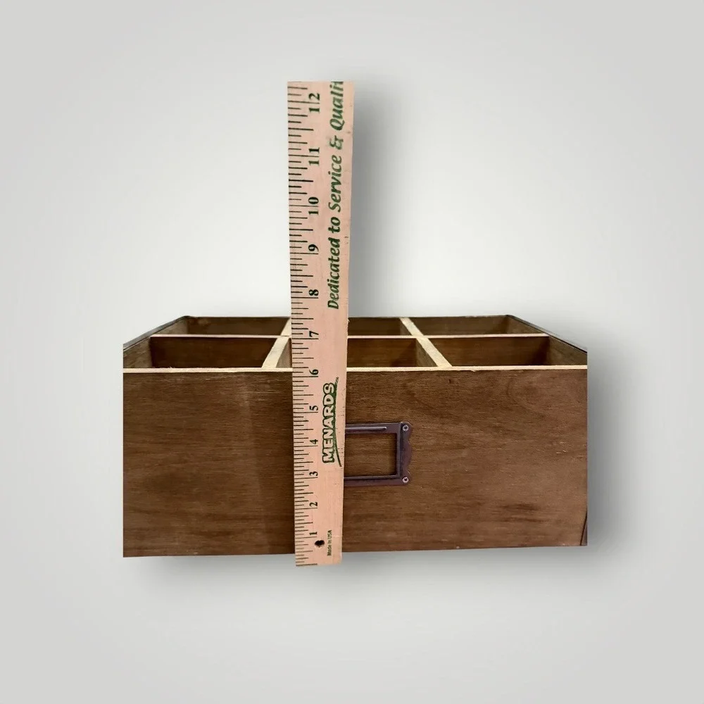 Standard General Store Organizer Box Brown Wood 6-Slot Rustic Metal Apothecary